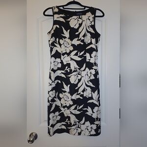 Ann Taylor Black & Cream Floral Midi Dress 100% Silk Size 6 Excellent Condition